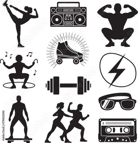 Silhouette collection of fitness and retro objects exercise boombox