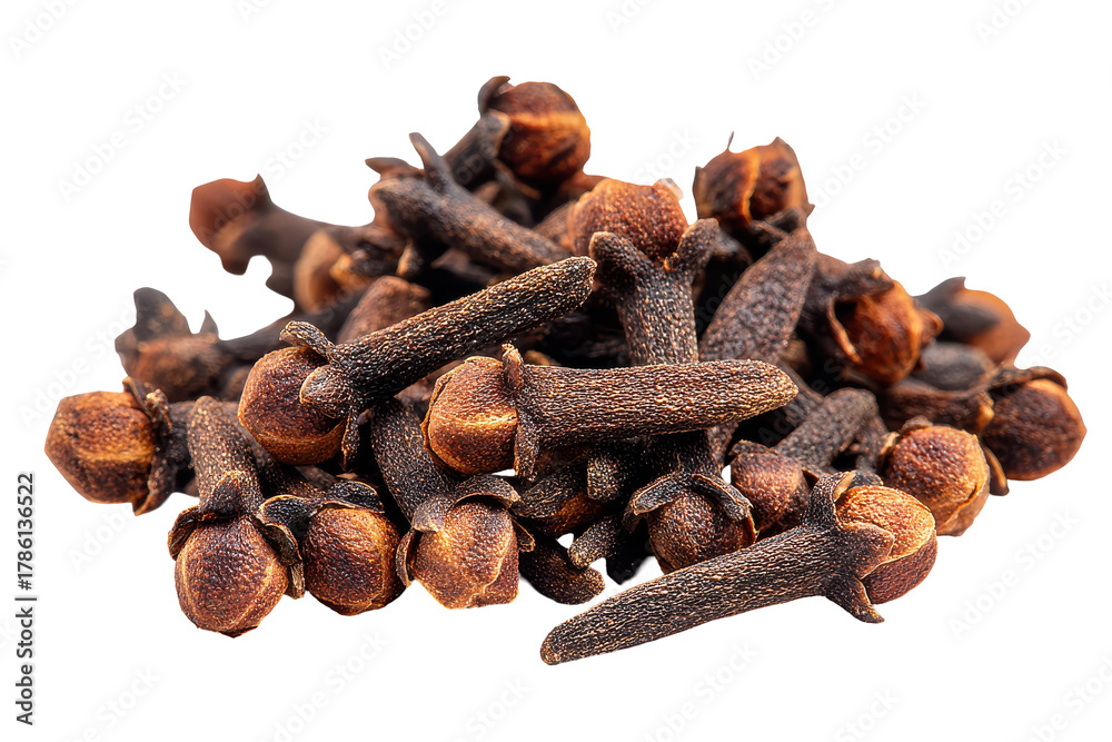 Obraz premium Pile of dried cloves spice isolated on transparent background. Pile of dried cloves spice aromatic isolated on white background.