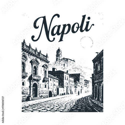 Old Napoli Travel engraved black white illustration	