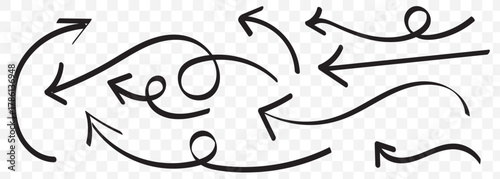 Doddle arrow set. Crayon arrow sketches collection. Hand drawn arrow illustration Straight hand drawn arrow. Pointing right arrow On Transparent Background. EPS 10.