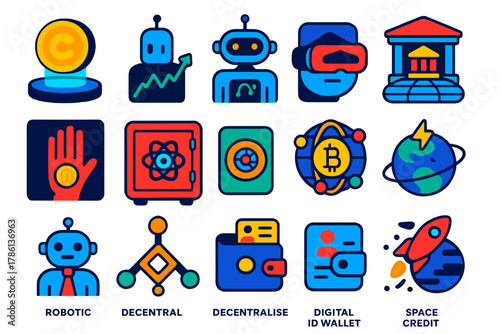 Futuristic Finance Icons. Flat vector icons of futuristic finance: holographic coin, AI trading bot, virtual reality bank,