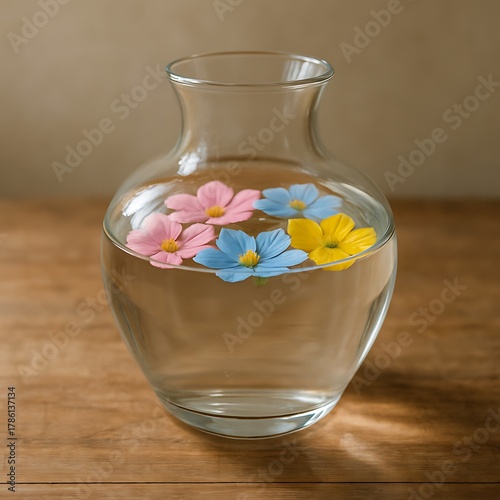Colorful flowers floating in a clear glass vase on a wooden surface