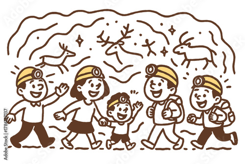 Joyful Cave Exploration. Joyful doodle cave exploration with smiling tourists, cartoon headlamps, cheerful guided paths, and tiny