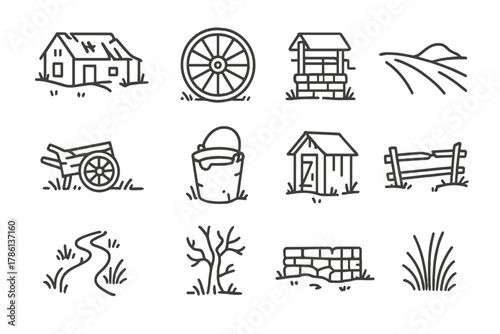 Rural Ruins Icons. Line style icons of Rural Ruins: Deserted Homestead, Wagon Wheel, Old Well, Expansive Field; Broken Cart,