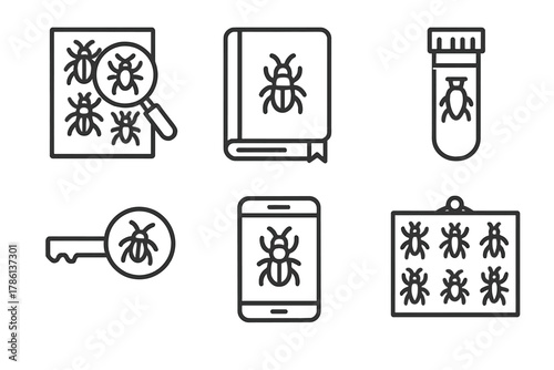 Pest Identification Tools. Line style icons of Pest Identification Tools: magnified insect chart, field notebook, sample in vial,