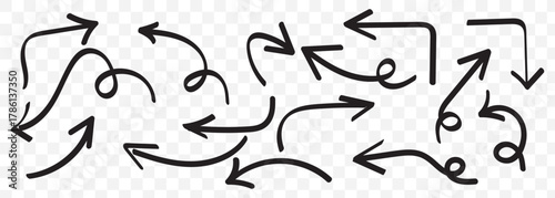 Doddle arrow set. Crayon arrow sketches collection. Hand drawn arrow illustration Hand drawn arrow set with crayon texture - curved and straight, spiral and wavy directional pointers for navigation.