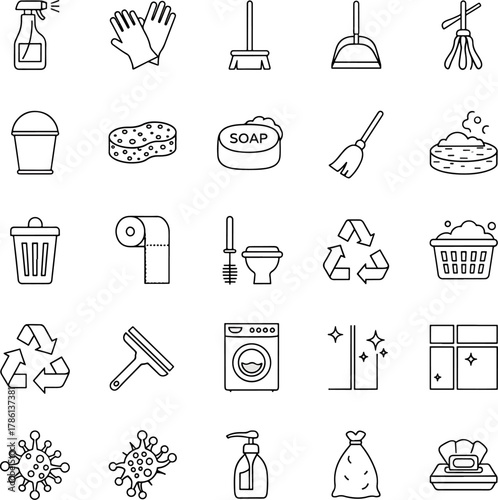 Cleaning supplies and hygiene icons set vector, representing cleanliness, disinfection, and household chores, including soap, broom, and toilet brush