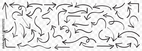 Hand-drawn curved arrows collection, doodle sketch direction elements, swirl pointer symbols for highlights, presentation, notes, and design projects  On Transparent Background. EPS 10.