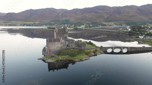 Aerial view of Eilean Donan Castle and lake Loch Duich in Scotland at sunrise