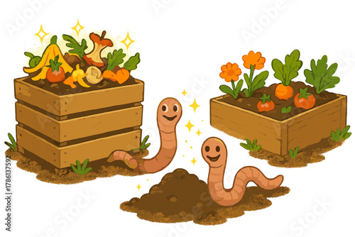 Joyful Composting Process. Composting hub with worms smiling, scraps glowing, and soil turning into cheerful garden beds No text,