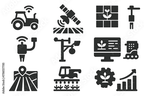Precision Agriculture Icons. Solid style icons of precision agriculture: smart tractor, satellite above field, digital crop grid,