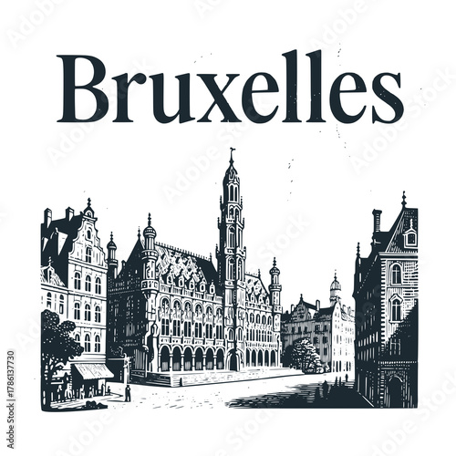 Bruxelles Travel engraved black white illustration	