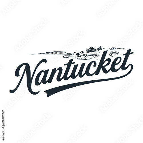The Nantucket lettering art of engraved black white illustration	