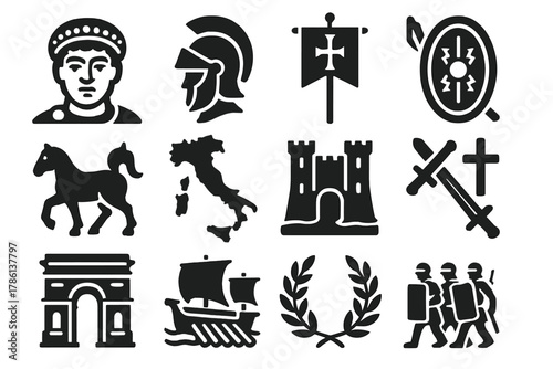 Justinian's Reconquests Icons. Solid style icons of Justinian's reconquests: emperor bust, general’s helmet, battle standard,
