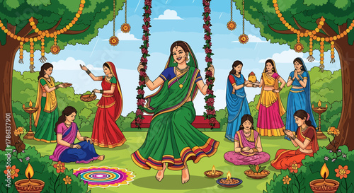 Vibrant Indian women in traditional attire celebrating a joyous festival with swings, diyas, and floral decorations in a lush green park