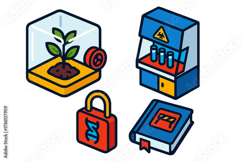Biotech Containment Systems. Isometric vector illustration set Biotech Containment Systems: Sealed growth chamber, biosafety