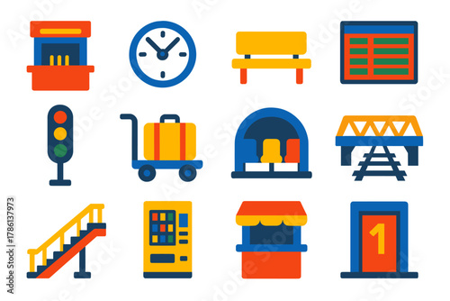 Flat Train Station Icons. Flat vector icons of Train Stations: ticket booth, station clock, platform bench, timetable board,