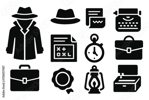 Historical Espionage Icons. Solid style icons of Historical espionage: trench coat, fedora hat, telegram, typewriter, briefcase,