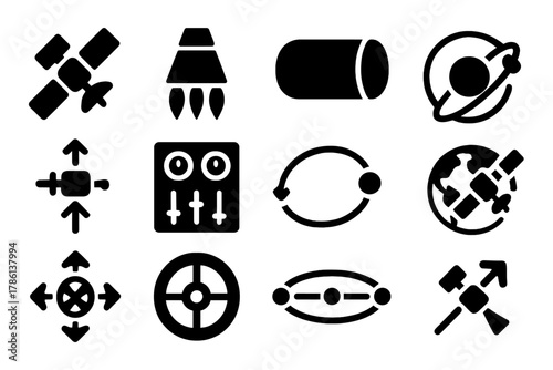 Satellite Orbital Components. Solid style icons of satellite station-keeping: communication satellite, orbital thrusters,