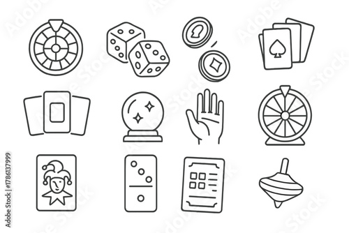 Chances and Mysteries Icons. Line style icons of symbols of chance: roulette wheel, dice pair, coin toss, playing cards; tarot