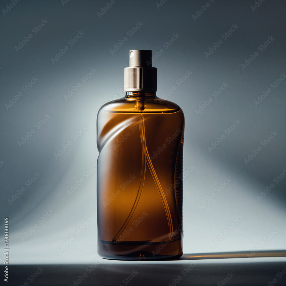 Obraz premium Dark and Moody Amber Spray Bottle Mockup with Backlit Spotlight