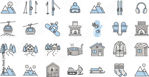 Winter Mountain Resort Icons Set Snow Activities and Cozy Cabin Elements for Seasonal Design and Outdoor Recreation Themes