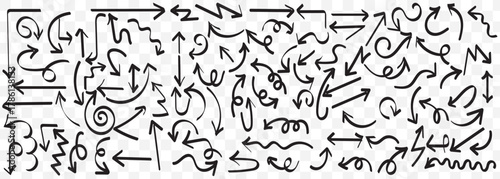 Different hand drawn arrow element collection design 
arrow sketches collection, hand drawn doodle style pointers, curved line, round swirls, black brush stroke. EPS 10.