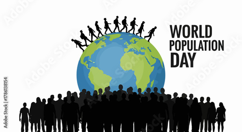 World Population Day illustration with diverse people silhouettes surrounding a globe and walking on top celebrating global unity and humanity