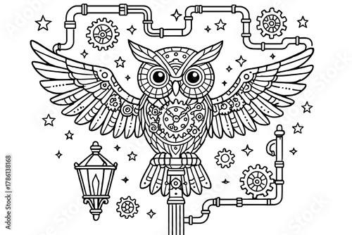 Clockwork Owl Art. Mechanical owl with clockwork wings perched on a lamppost with pipes, gears, and stars above, black and white