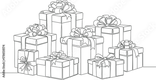 Line art drawing of stacked gifts with bows for celebration