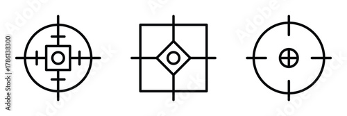 Target icons. Focus symbol in circle. Isolated gun shoot aim set. Bullseye vision collection. Round aiming focus. Gun sight crosshairs. Vector crosshair set.