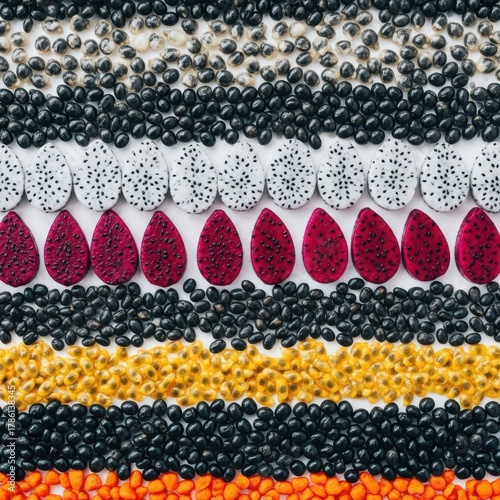 Vibrant Assortment of Exotic Fruits and Seeds Arranged in Stripes.