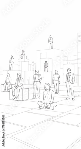 A Line Art Illustration Depicting a Diverse Group of People in Various Poses on a Modern Architectural Structure
