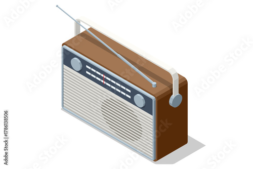Isometric mid-century vintage tabletop radio, classic retro device for music, news broadcast Vintage analog radio device representing classic communication, nostalgic design from the mid-20th century
