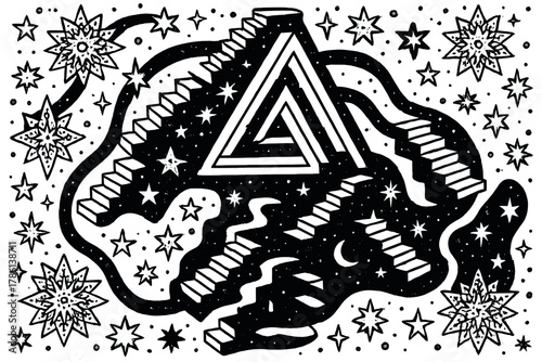 Cosmic Fractal Illusions. Abstract cosmic illusion with fractal stars, infinite triangles, and floating stairs into the void,