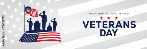 Veterans Day banner with a soldier silhouette saluting, flanked by American flags, set against a background of stars and stripes. Honors veterans and service members who served the USA.
