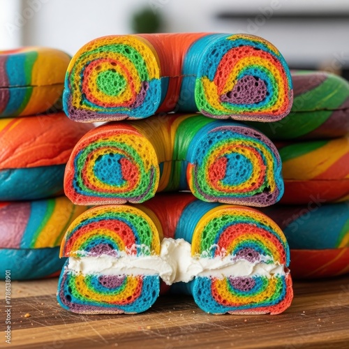 Vibrant Rainbow Bagels with Cream Cheese Filling Stacked on a Wooden Board.