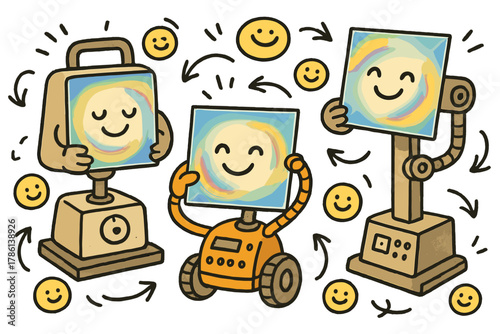 Joyful Glass Doodle. Joyful doodle stress analysis with glass plates smiling, rainbow interference patterns swirling, cartoon