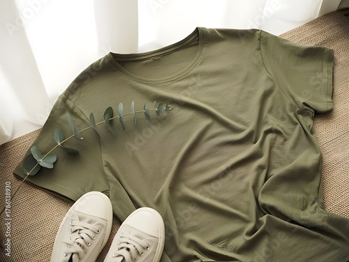 Olive green T-shirt flat lay with soft shadows