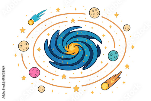 Vibrant Cosmic Spiral. Galaxy spiral in the middle with orbits, moons, comets, and stars radiating outward in cosmic symmetry,