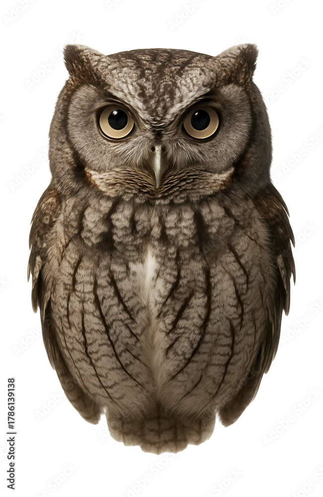 Fototapeta premium Grey-brown western screech owl featuring distinct facial disks.