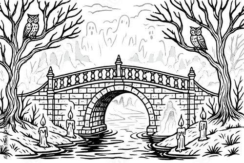 Gothic Bridge Mystique. Lonely gothic bridge over a river with candles, owls on trees, and ghostly silhouettes in the mist, black