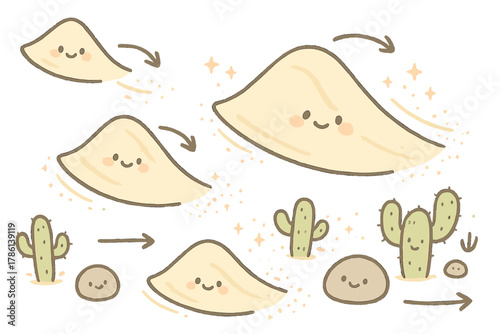 Cheerful Dune Migration. Cute doodle migrating dune fields with cheerful dunes sliding, cartoon arrows indicating movement,