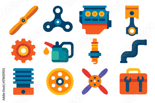 Propeller Mechanics Icons. Flat vector icons of Propeller Mechanics: wooden propeller, crankshaft, engine block, piston, gear