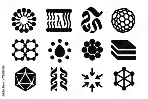 Self-Assembling Molecule Icons. Solid style icons of self-assembling molecules: micelle structure, lipid bilayer, protein fold,