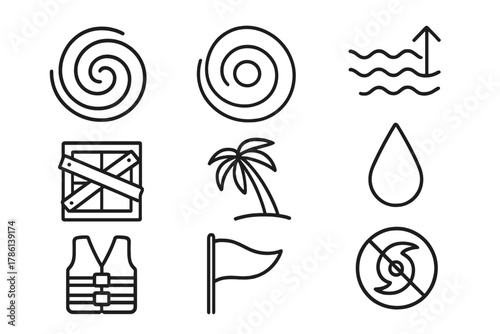 Hurricane Line Icons. Line style icons of Extreme Hurricane: Spiral Cloud, Eye, Storm Surge, Boarded Window, Palm Tree Bent,