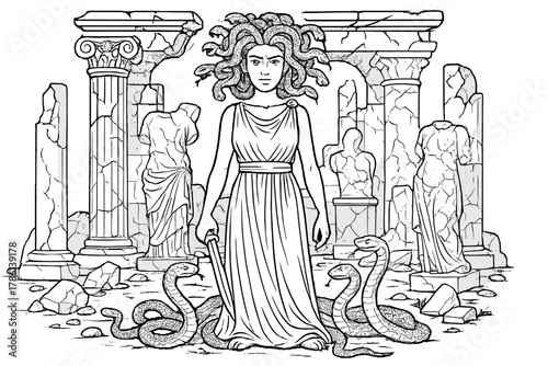 Medusa's Temple Ruins. Medusa in a ruined temple with snakes writhing, cracked statues, and broken columns around, black and white