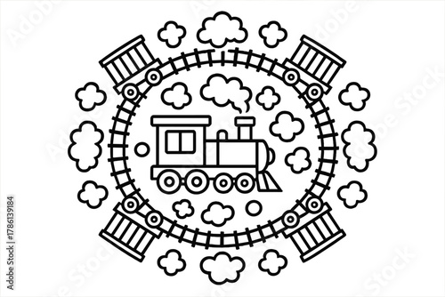 Symmetrical Train Design. Train engine in the center with wagons, tracks, wheels, and smoke puffs arranged in a decorative