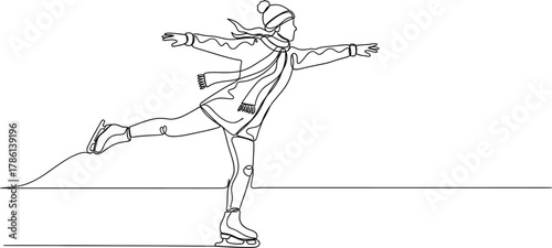 Elegant line art of woman ice skating in winter apparel