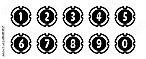 Number points from 0 to 9. Number markers, tag icons, steps. Black colored number vector set.